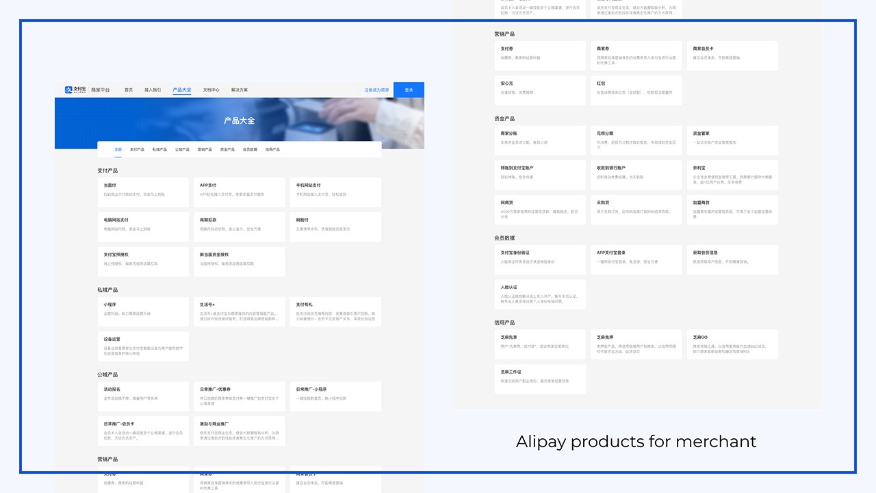 Webpage showing Alipay payment gateway products for merchants